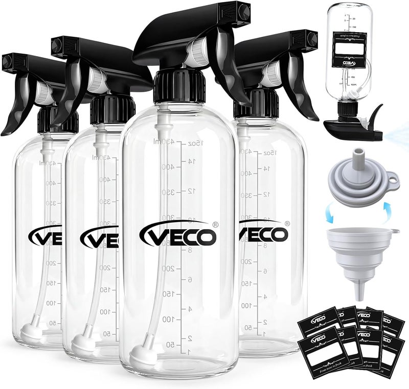 Veco 500mL (17oz) Graduated Spray Bottles, 4-Pack — 360° Any-Angle Spraying for Easy Dilution, Leak-Resistant spray bottles for Cleaning, Plants, Hair & Pet Use + Foldable Funnel - Image 1